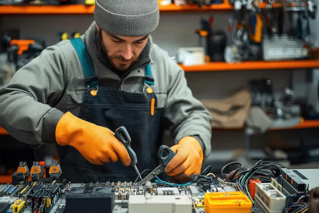 Technician in orange gloves uses a screwdriver to repair a circuit board on a cluttered workshop workbench.