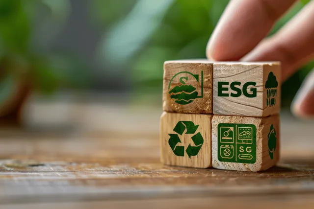 Hand arranging wooden ESG blocks with icons on a desk, sustainability concept