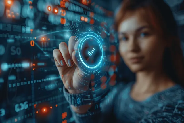 Businesswoman tapping a digital checklist interface for secure document management automation