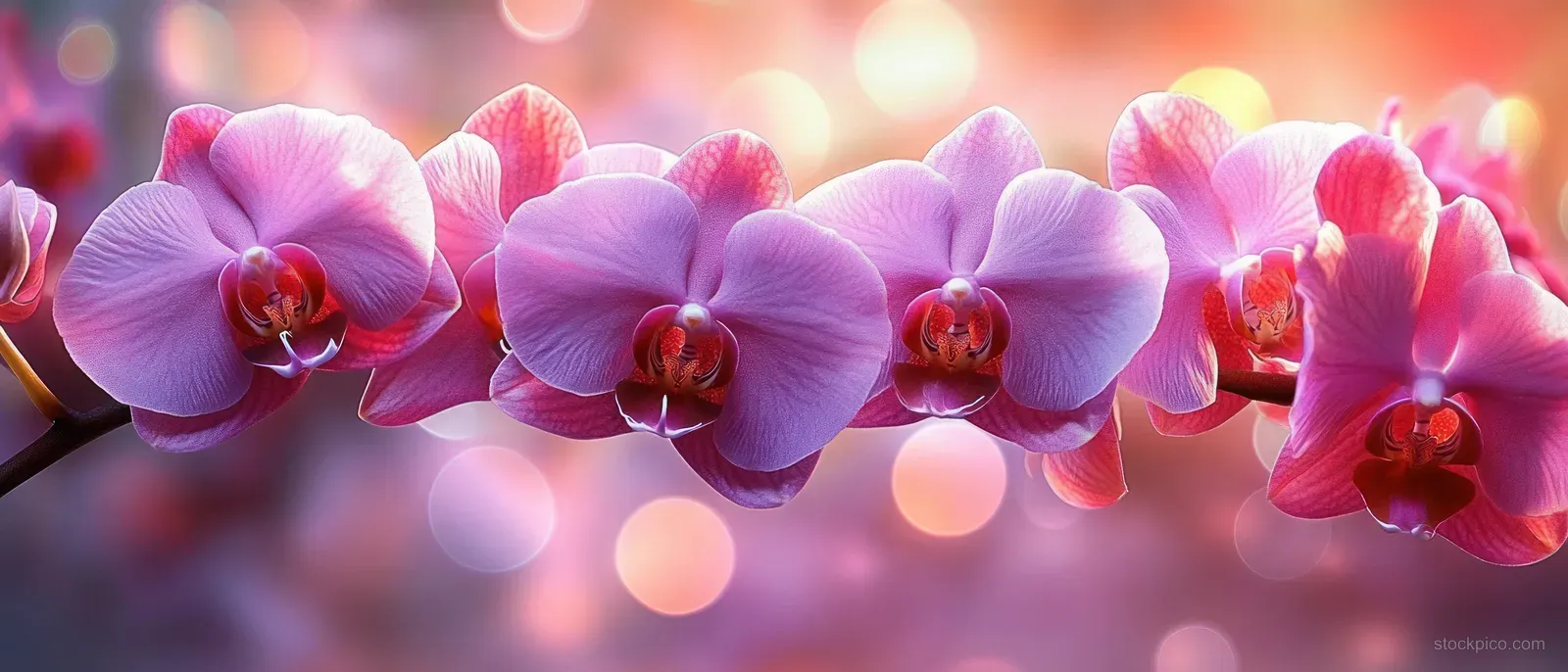 Close-up of a pink orchid branch with softly glowing bokeh lights in the background.