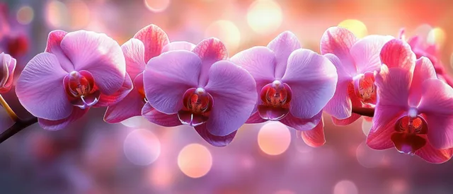 Pink orchid branch in close-up with glowing bokeh lights behind petals