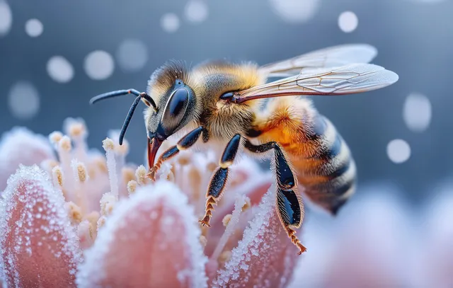 Bee foraging nectar on frost-covered flower petals with icy crystals