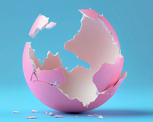 Pink cracked eggshell fragments broken away on blue background with soft shadows