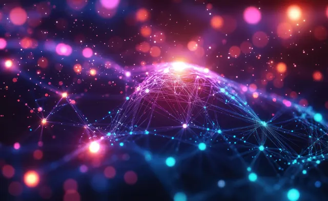 Glowing neural network mesh with connected nodes over dark cyberpunk light bokeh
