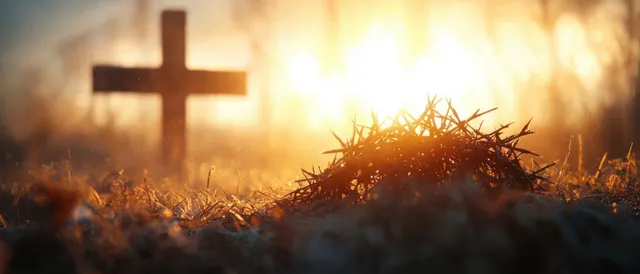 Crown of thorns on earth with wooden cross silhouette at golden sunrise backlight