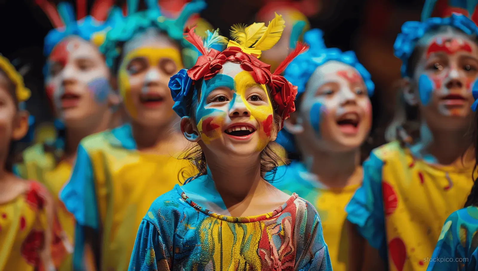 Children sing on a school stage wearing colorful costumes and painted faces in front of an audience.