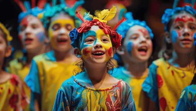 Children sing on a school stage wearing colorful costumes and painted faces in front of an audience.