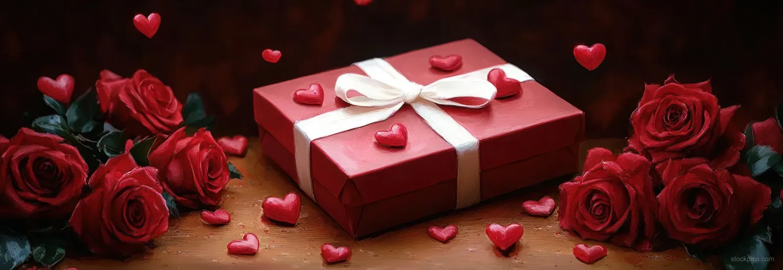 Red ribbon-tied gift box on wooden surface surrounded by red roses and scattered small heart decorations.