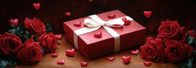 Red ribbon-tied gift box on wooden surface surrounded by red roses and scattered small heart decorations.
