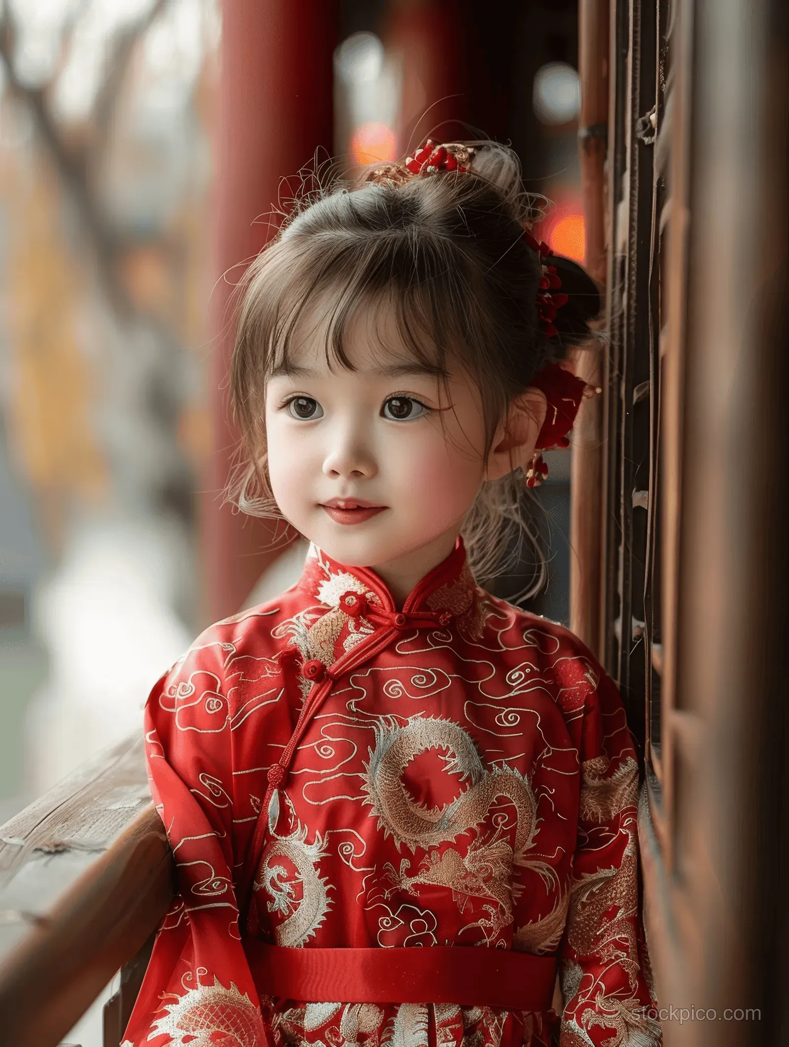 A smiling girl in red hanfu stands by a window with red-and-gold Chinese New Year decorations.