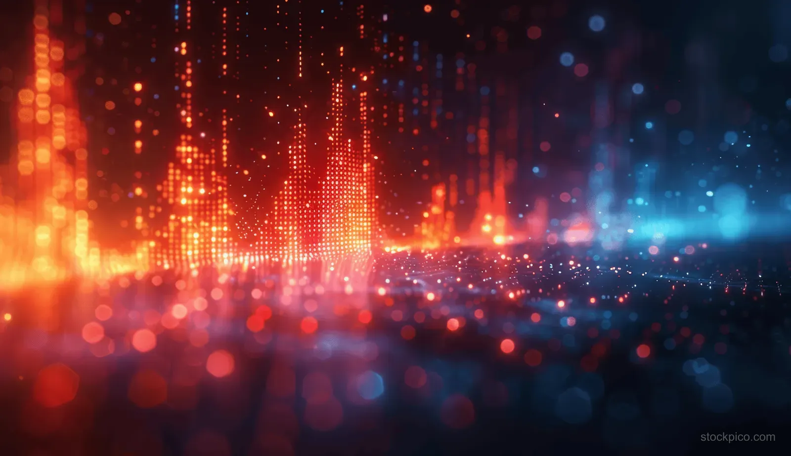 Glowing abstract financial chart and rising arrow lights over blurred trading data network background.
