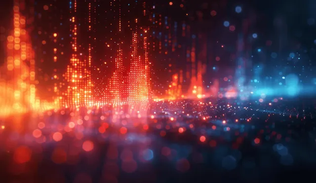 Glowing abstract financial chart and rising arrow lights over blurred trading data network background.