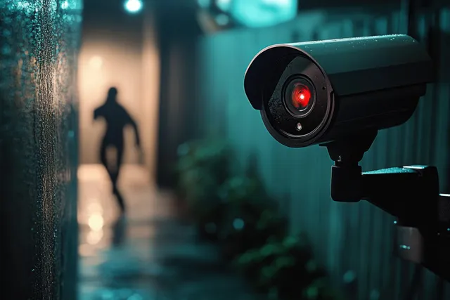 CCTV camera watching a masked burglar break into a house at night with a crowbar