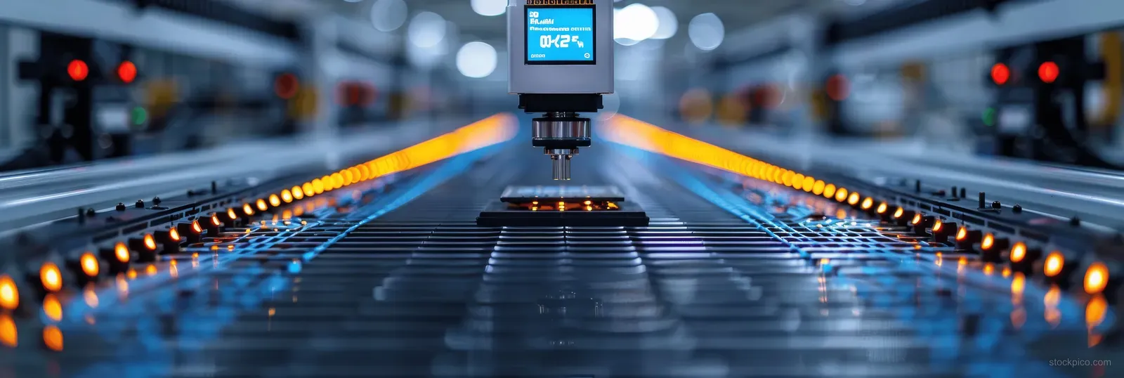 Robotic inspection camera above a PCB on a conveyor with glowing blue contact rows in a factory.