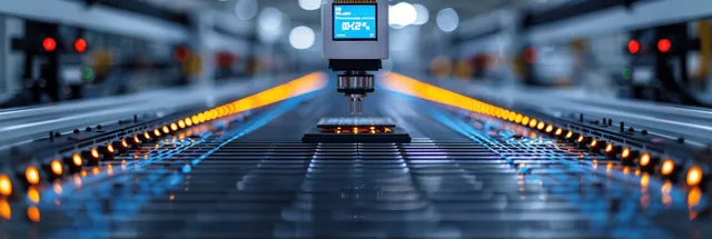 Robotic inspection camera above a PCB on a conveyor with glowing blue contact rows in a factory.
