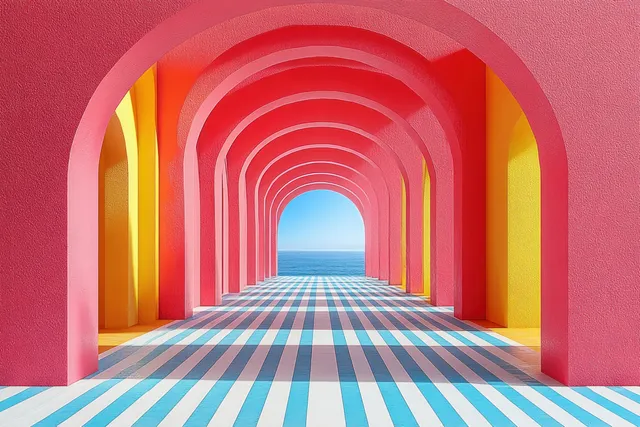 Arched hallway interior with pink yellow stripes and striped floor under blue sky