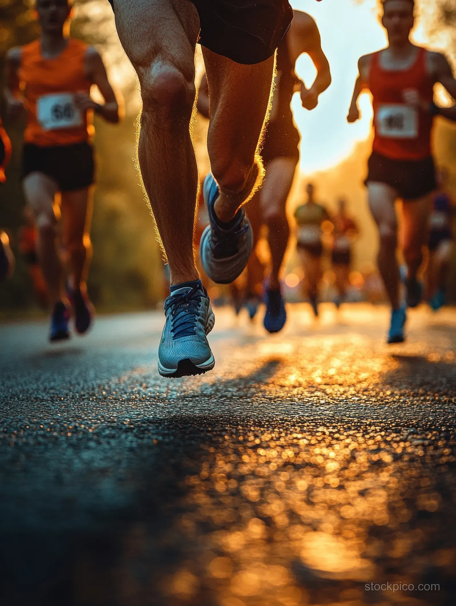 Runners’ legs and shoes stride down a sunlit road with other racers blurred in warm golden light.