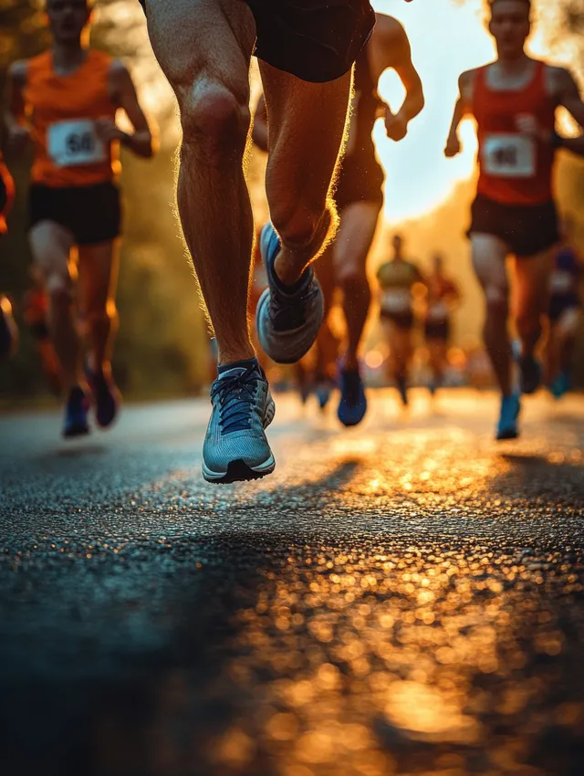 Close-up runner legs and shoes sprinting on sunlit road, golden backlit bokeh