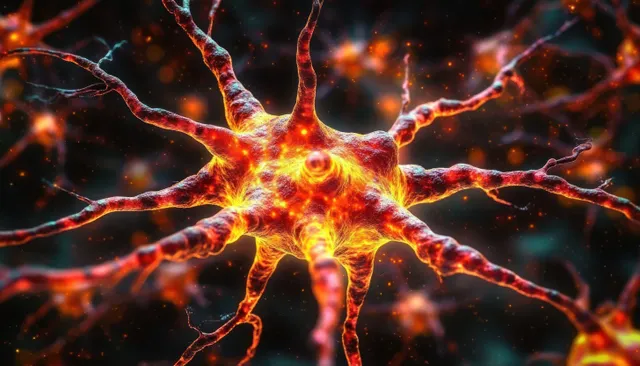 A glowing neuron-like cell body extends branching dendrites through a dark neural network background.