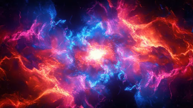 Swirling blue, purple, red, and orange nebula clouds explode around a bright glowing center in space.