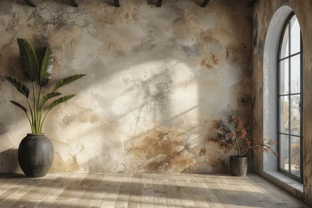 Rustic sunlit interior with weathered plaster wall, potted plants, and arched window shadows
