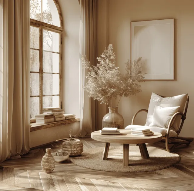 Japandi living room corner with linen curtains, wooden chair, and warm neutral decor