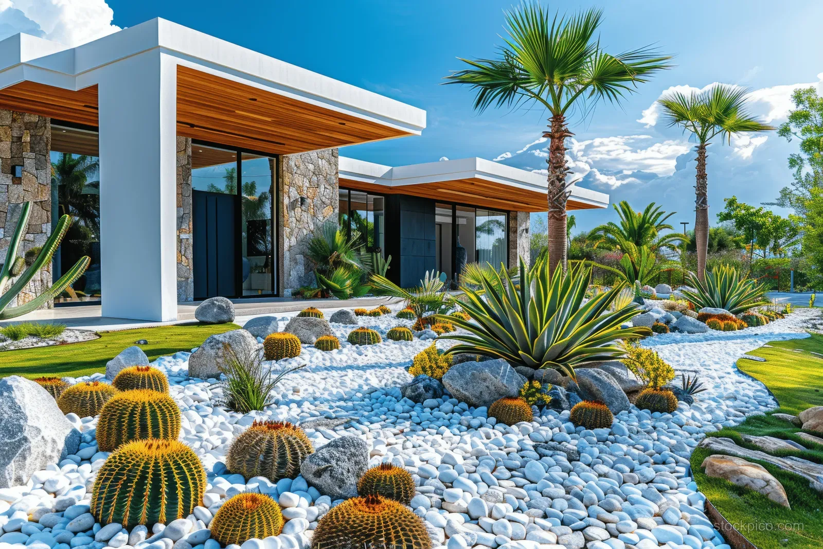 Modern desert home exterior with white pebble landscaping, palm trees, and cacti in the front yard.