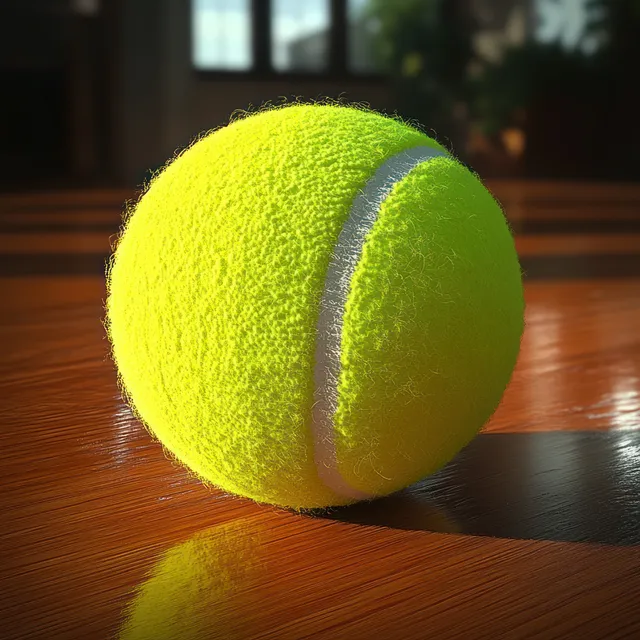 A yellow tennis ball rests on a glossy wooden table under soft side lighting with blurred background.