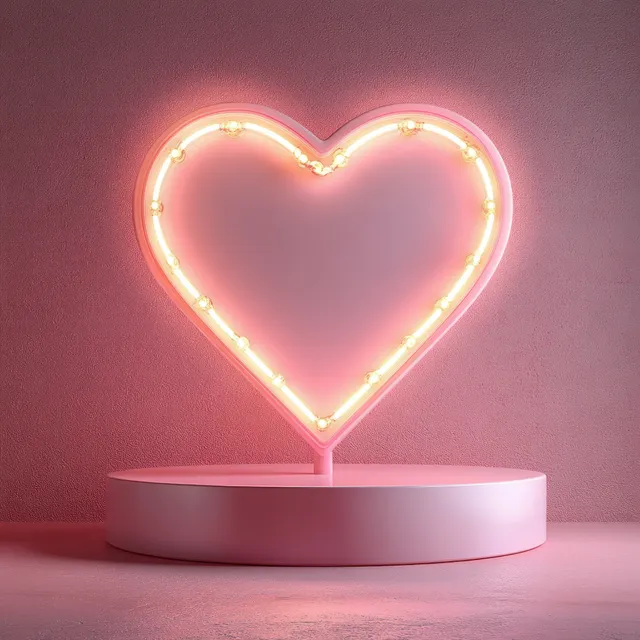 Neon heart sign glowing on pastel pedestal with soft pink studio lighting