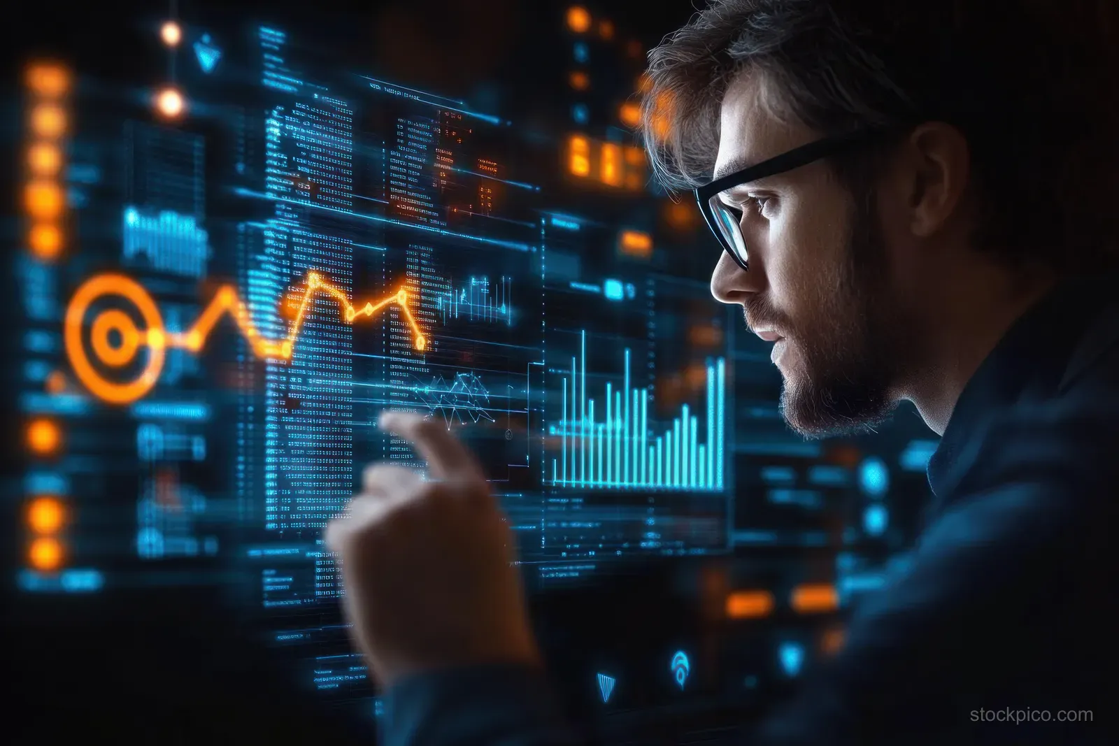 Businessman points at illuminated economic charts showing rising growth on a large screen in a dark office.