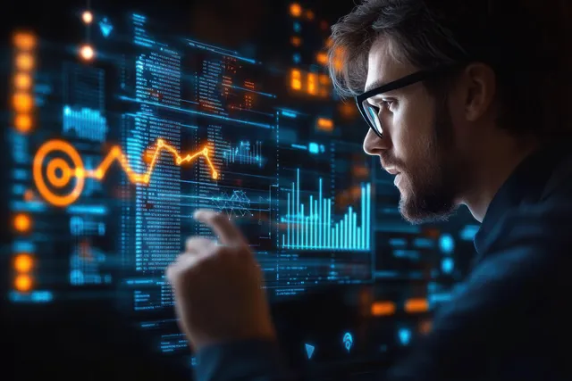 Businessman reviews glowing economic charts on large screen, pointing at rising growth trends
