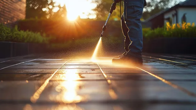 A man pressure-washes a patio in golden hour light, with water jets and droplets on wet stone tiles.