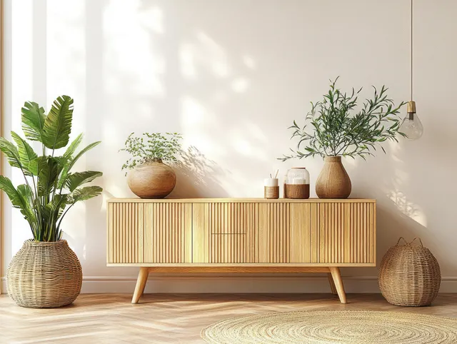 Sunlit living room with a minimalist wooden sideboard, potted plants, and wicker baskets beside it.