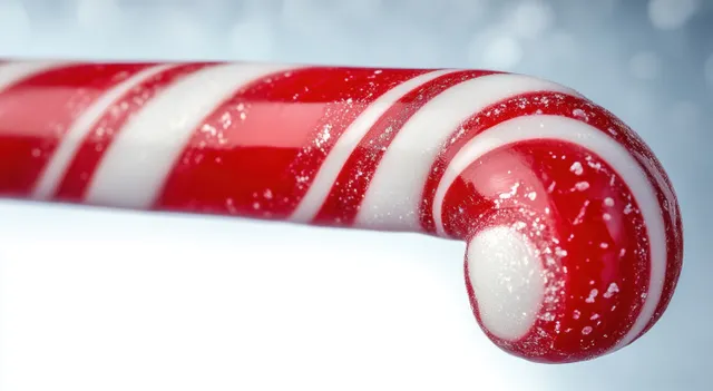 Close-up of a red and white striped candy cane with sugar crystals on its curled end against a blurred winter background.