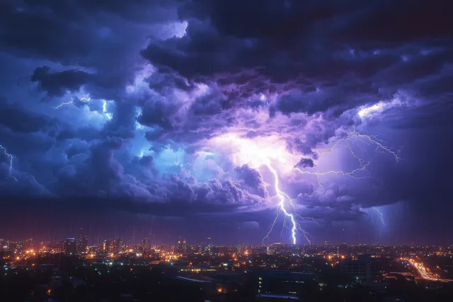 Lightning bolts illuminate dark thunderclouds over a nighttime city skyline with glowing street and building lights.
