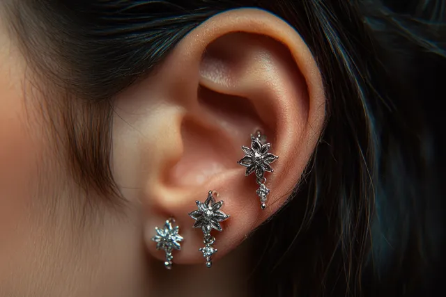 Close-up of an ear adorned with three silver floral earrings with intricate shiny details.