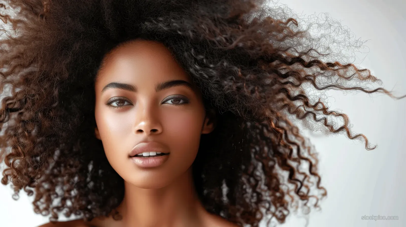 A woman with natural afro curls shakes her head, showcasing the motion and volume of her hair against a white background.
