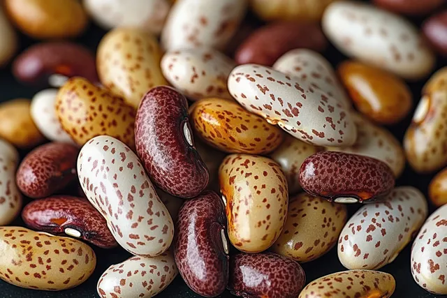 Close-up of multicolored spotted beans with shiny speckled patterns on a dark background