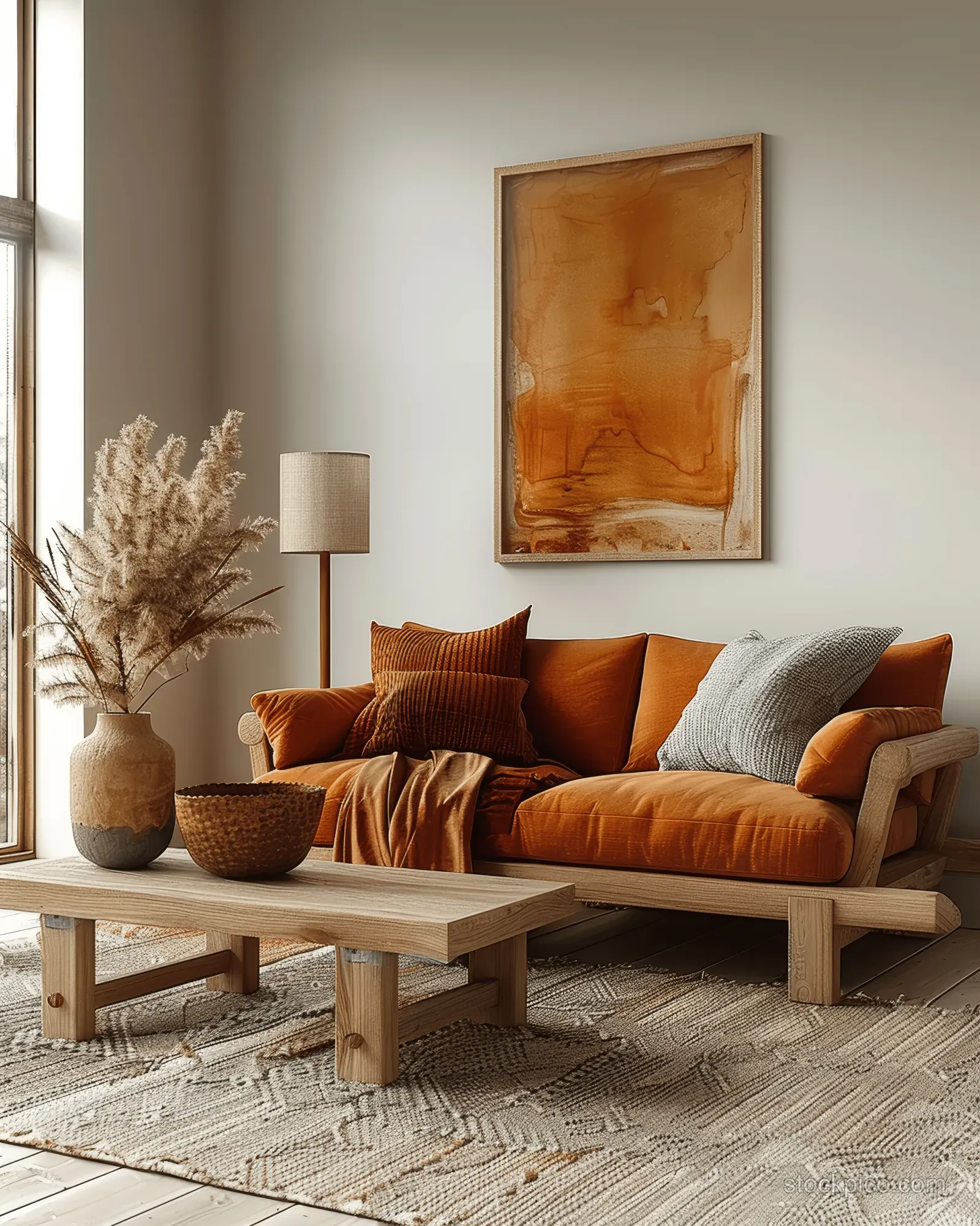 Orange sofa and wooden chair in a minimalist Scandinavian living room with warm sunlight and neutral walls.