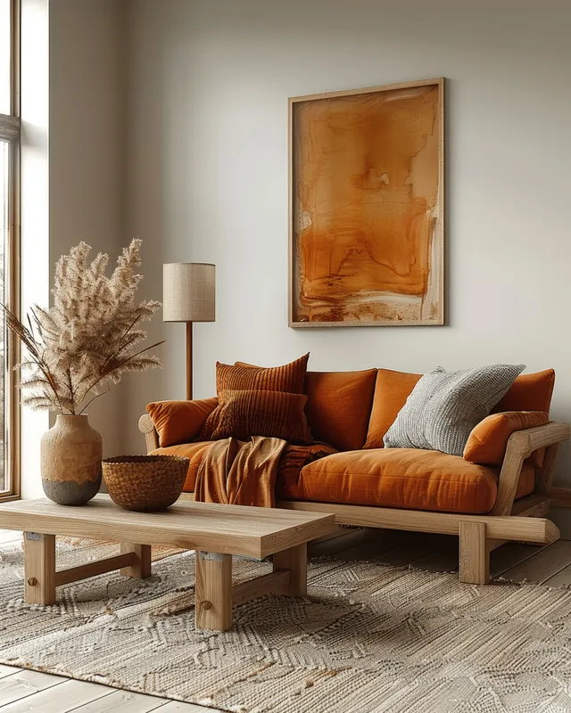 Orange sofa and wooden chair in a minimalist Scandinavian living room with warm sunlight and neutral walls.