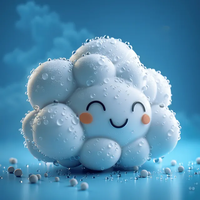 Fluffy 3D cloud character with closed smiling eyes in falling raindrops on a blue background.