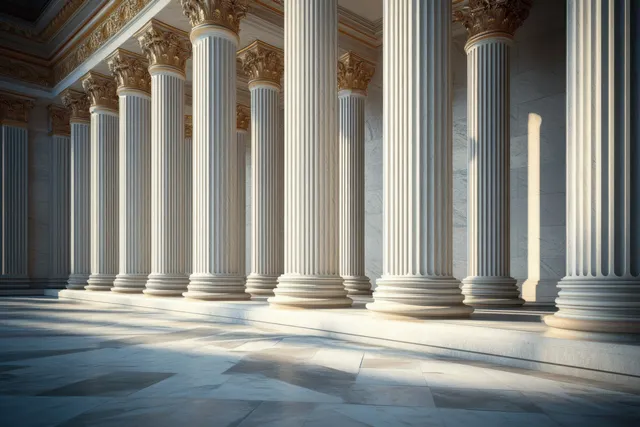 Symmetrical marble columns with gold capitals inside a sunlit hall cast long shadows across the floor.