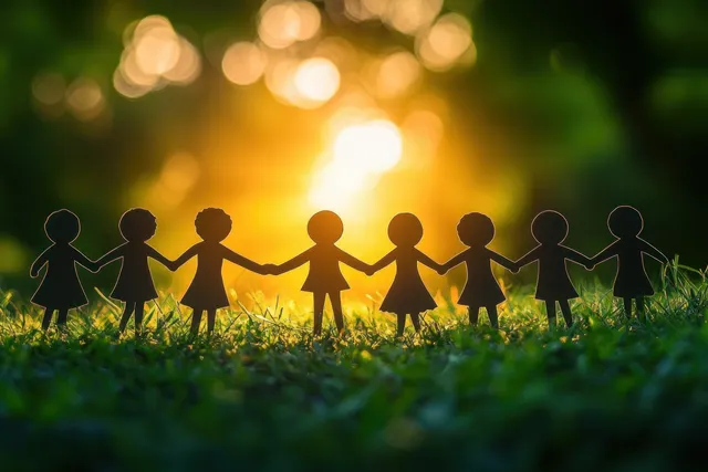 Paper cutout silhouettes hold hands in a circle on green grass under a bright glowing sunset background.