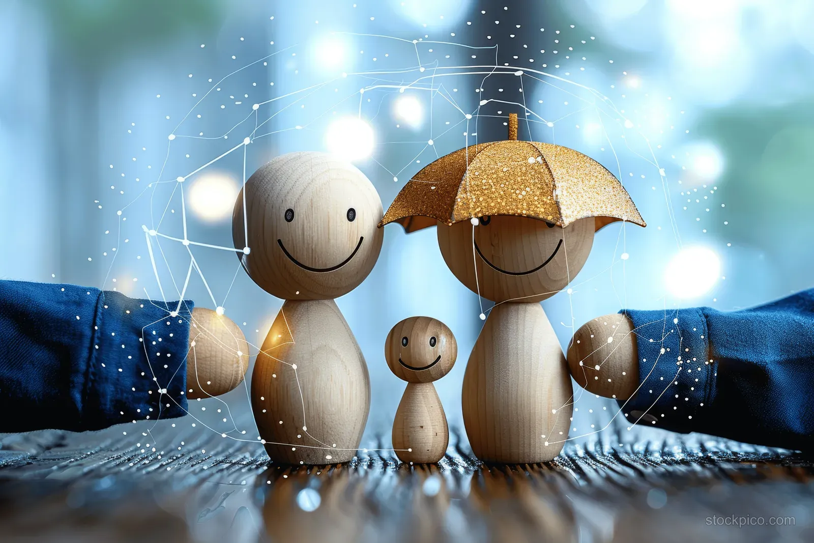 Wooden toy family stands under an umbrella on a table with rain-like blue background and glowing protective line-art.