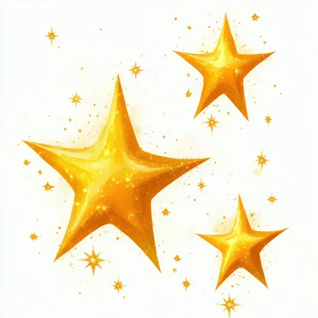 Three bright yellow cartoon stars twinkle with golden sparkles on pale backdrop