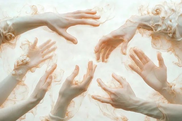 Reaching hands emerge through flowing translucent fabric on a pale airy background