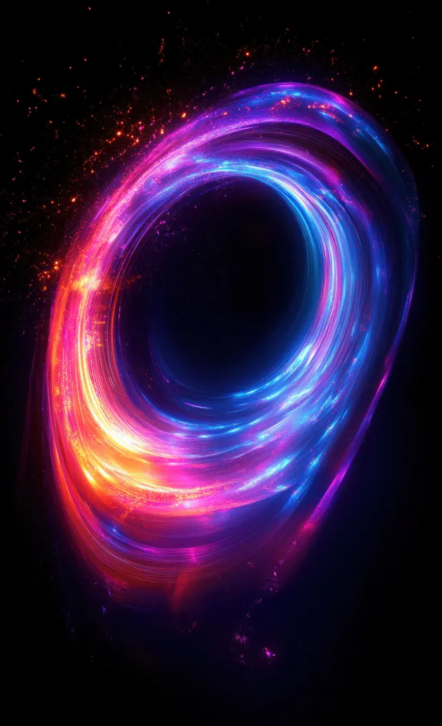 A neon light ring swirls in pink, purple, blue, and orange against a black background with glowing motion trails.