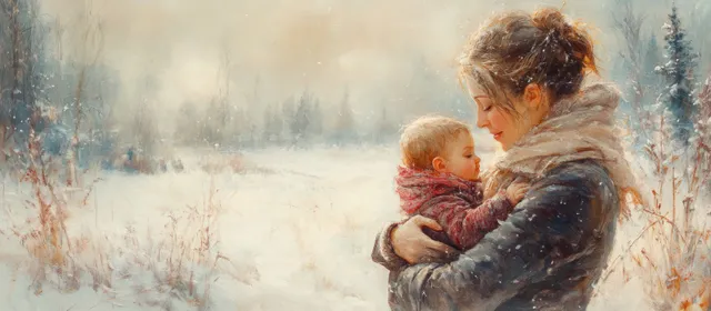 Mother cradling baby in snowy field watercolor, glowing warmth against blue winter haze