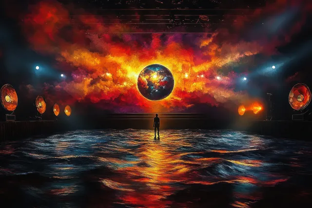 A lone silhouette stands on reflective water facing a fiery glowing orb under swirling clouds and warm light.