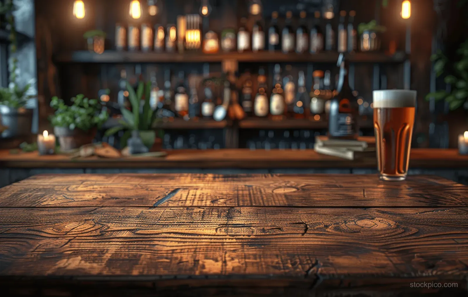 Rustic wooden tabletop in a bar foreground with warm blurred bottles and a pint glass behind it.